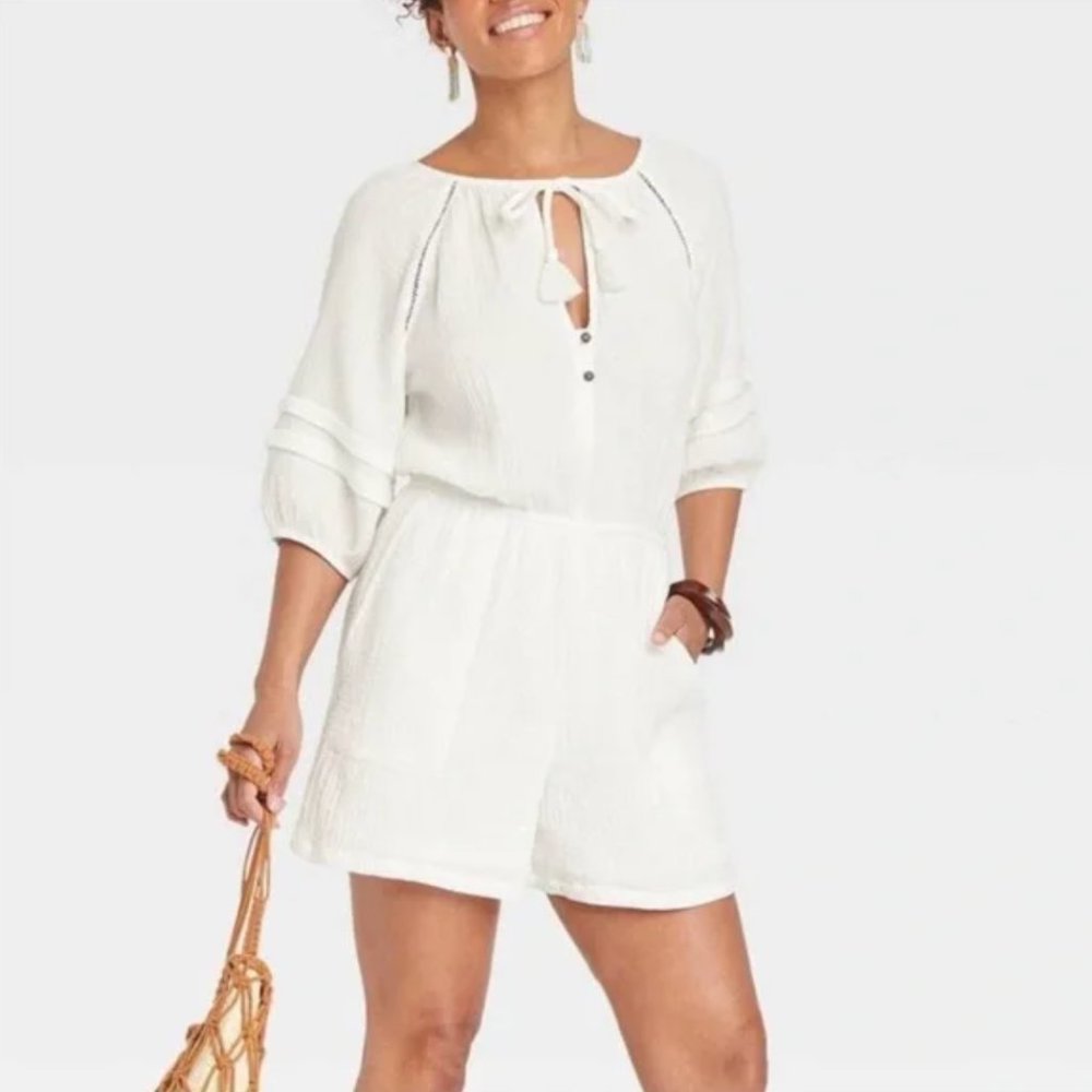 White Cotton Beachy Boho Romper with Pockets Puff Sleeves Tassel Ties  |…